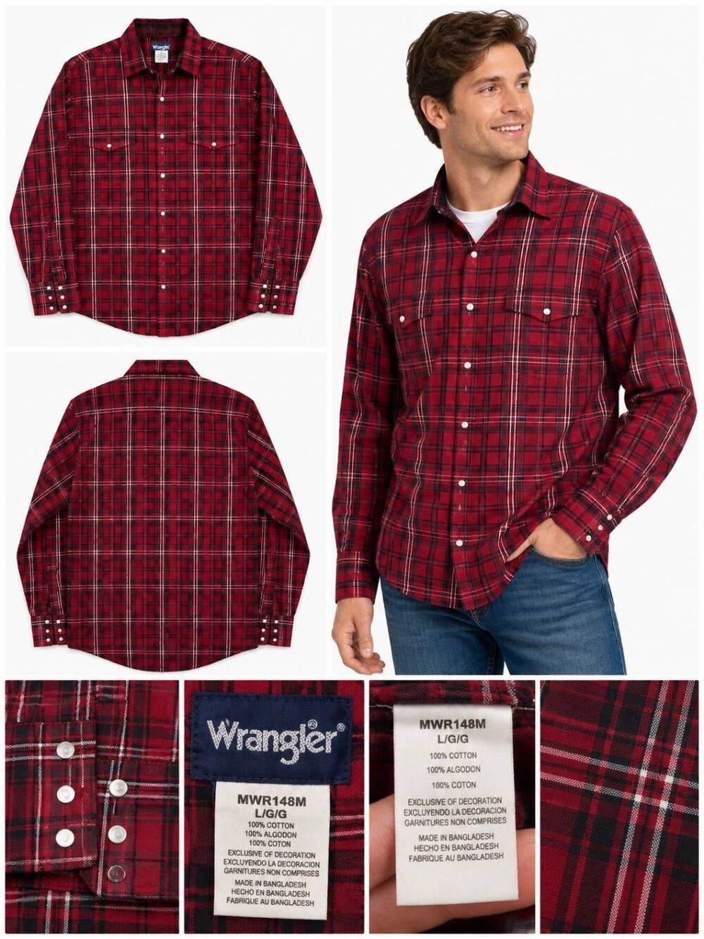Wrangler Red Plaid Snap Button Western Shirt Men’s L